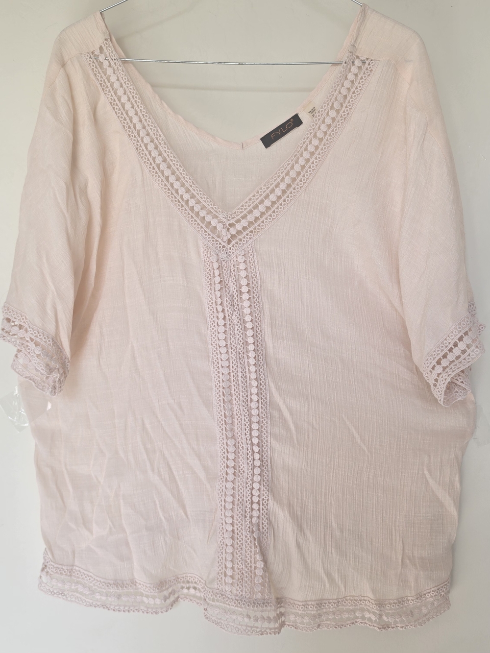 FYLO Soft Blush Crochet-Trim V-Neck Tunic